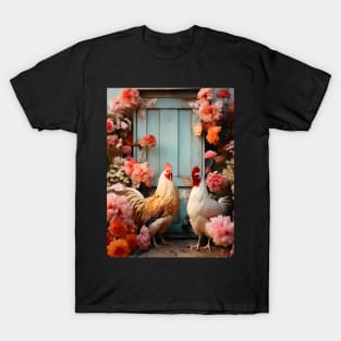 Retro Elegant Art - Chicken and Flowers by the coop T-Shirt